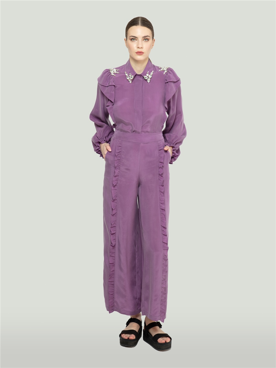 QS2242044-Frill Detailed Purple Trousers-BAQA