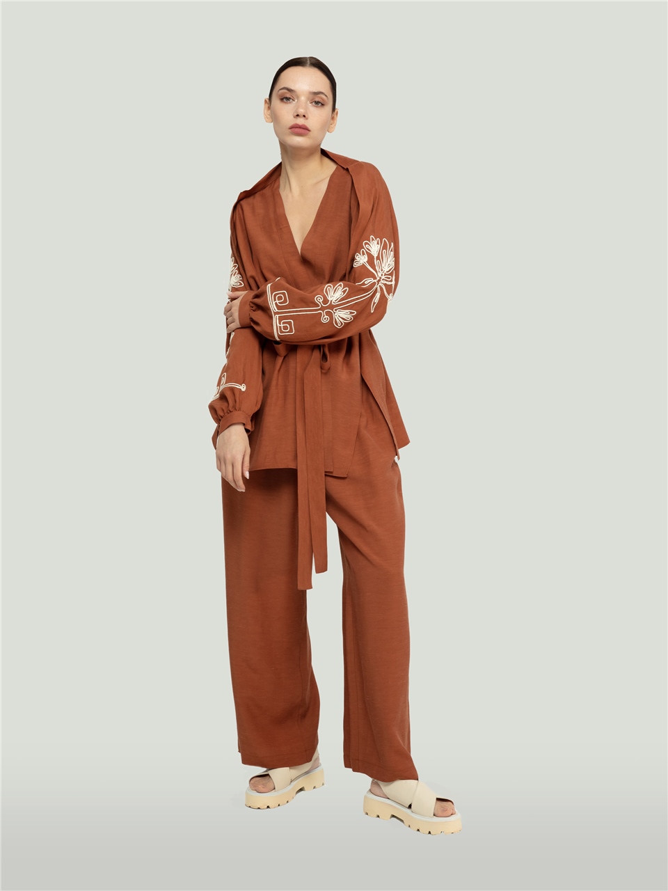 QS2241001-Brown Jacket with Embroidered Sleeves-BAQA