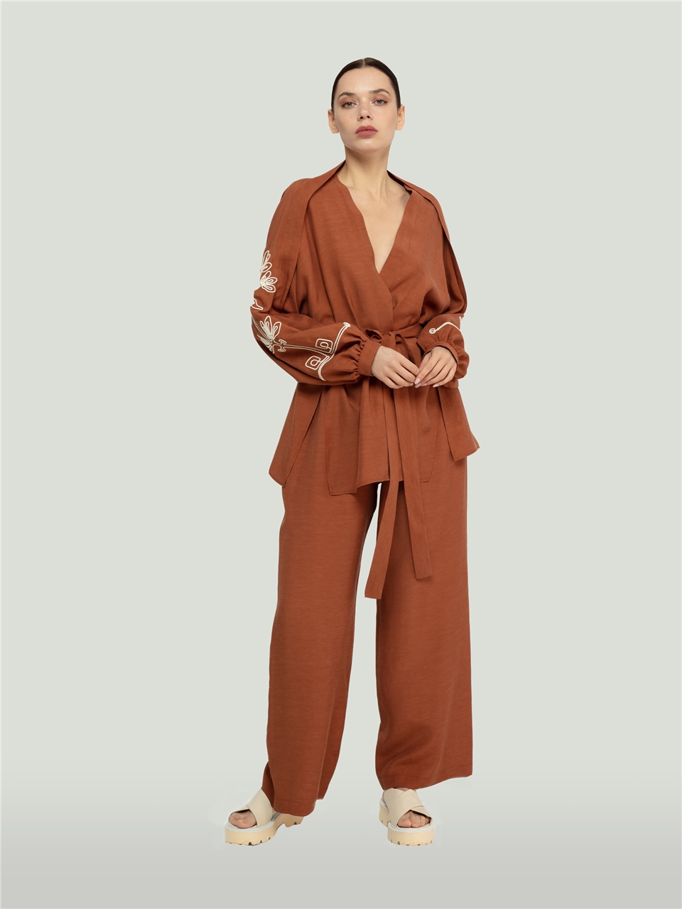 QS2241001-Brown Jacket with Embroidered Sleeves-BAQA