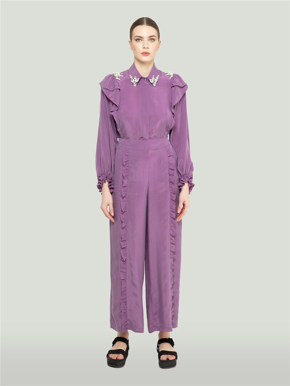 QS2242044-Frill Detailed Purple Trousers-BAQA