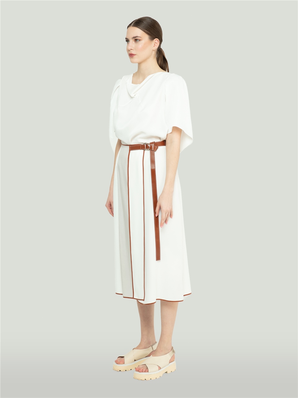 QS2243007-Ecru Skirt With Brown Piping-BAQA
