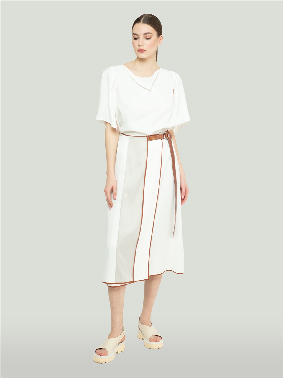 QS2243007-Ecru Skirt With Brown Piping-BAQA