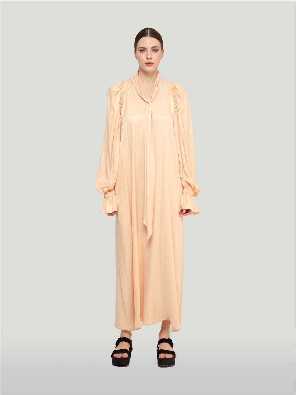 QS2245012-Büzgü Detaylı Somon Rengi Elbise-BAQA