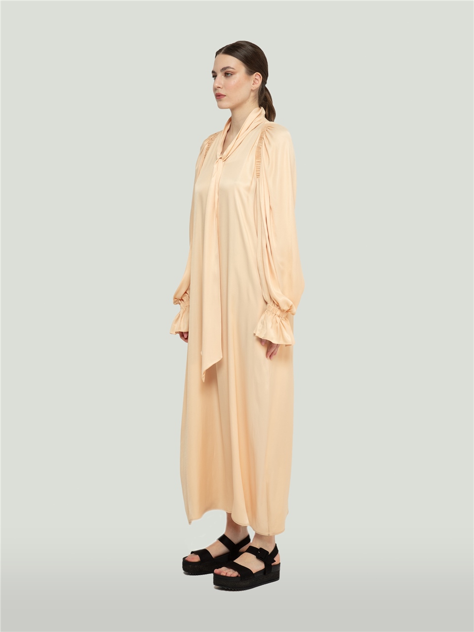 QS2245012-Shirred Detailed Powder Color Dress-BAQA