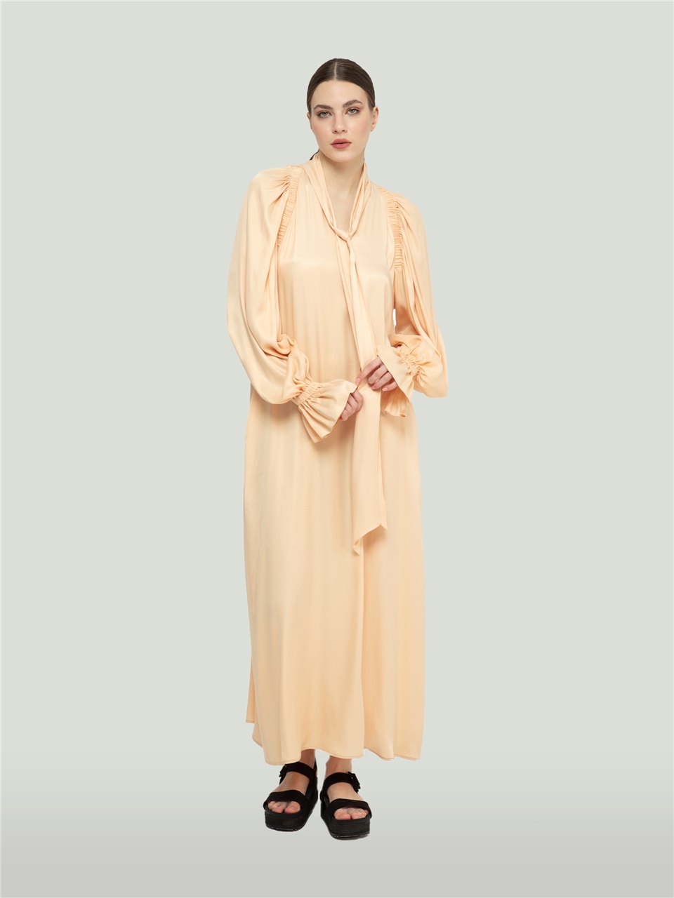 QS2245012-Shirred Detailed Powder Color Dress-BAQA