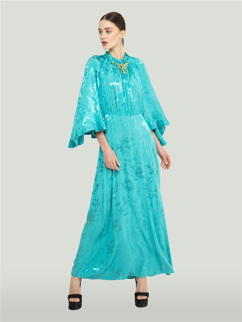 QS2245046-İşleme Detaylı Mavi Parlak Elbise-BAQA