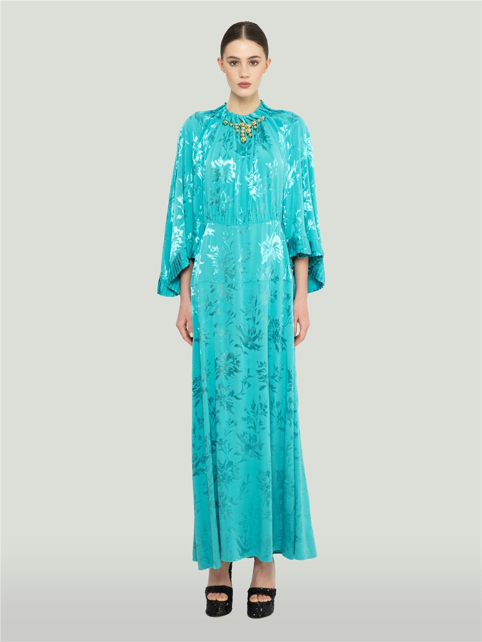 QS2245046-İşleme Detaylı Mavi Parlak Elbise-BAQA