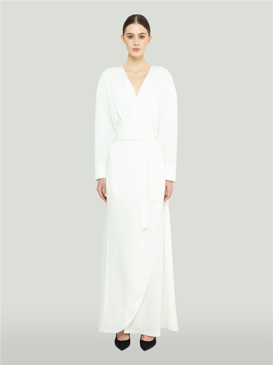QS2245087-Yırtmaçlı Astarlı Beyaz Elbise-BAQA