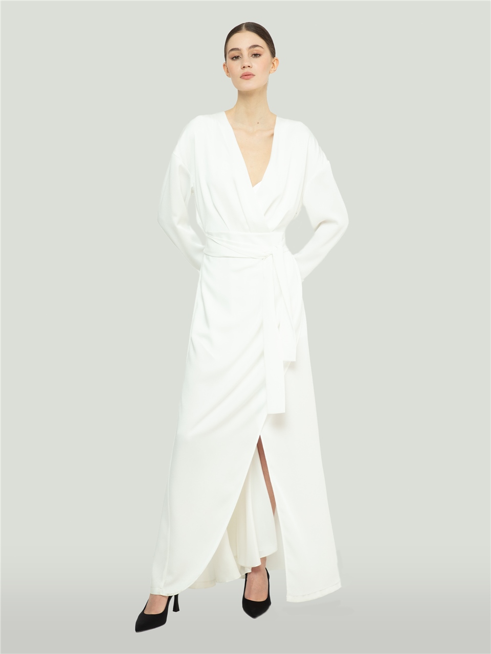 QS2245087-Yırtmaçlı Astarlı Beyaz Elbise-BAQA