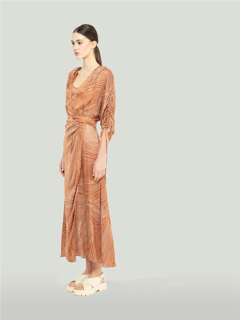 QS2245101-Line Patterned Brown Dress-BAQA