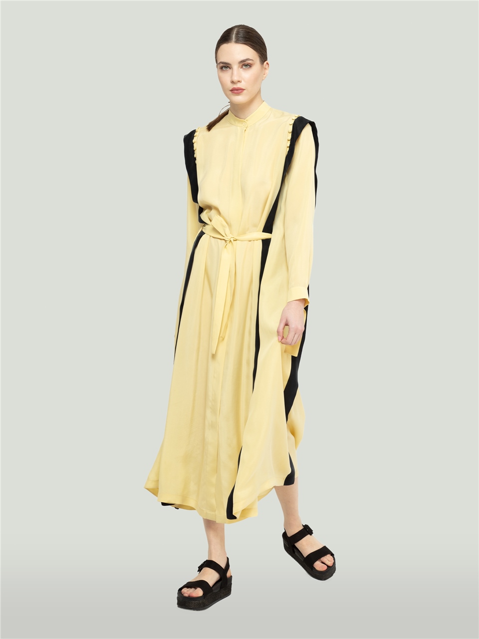 QS2245123-Omzu Düğmeli Sarı Elbise-BAQA