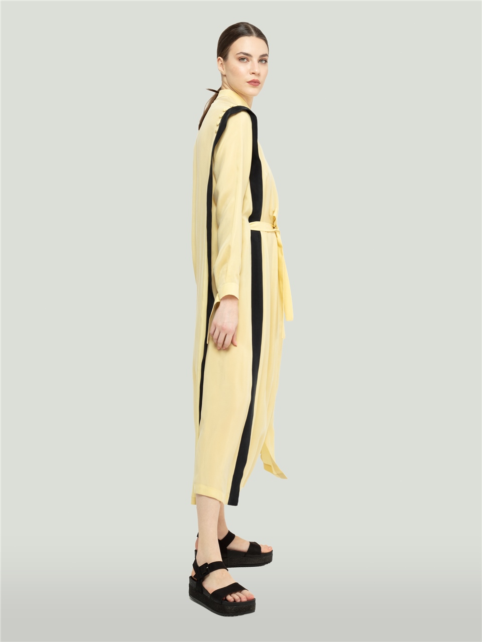 QS2245123-Omzu Düğmeli Sarı Elbise-BAQA