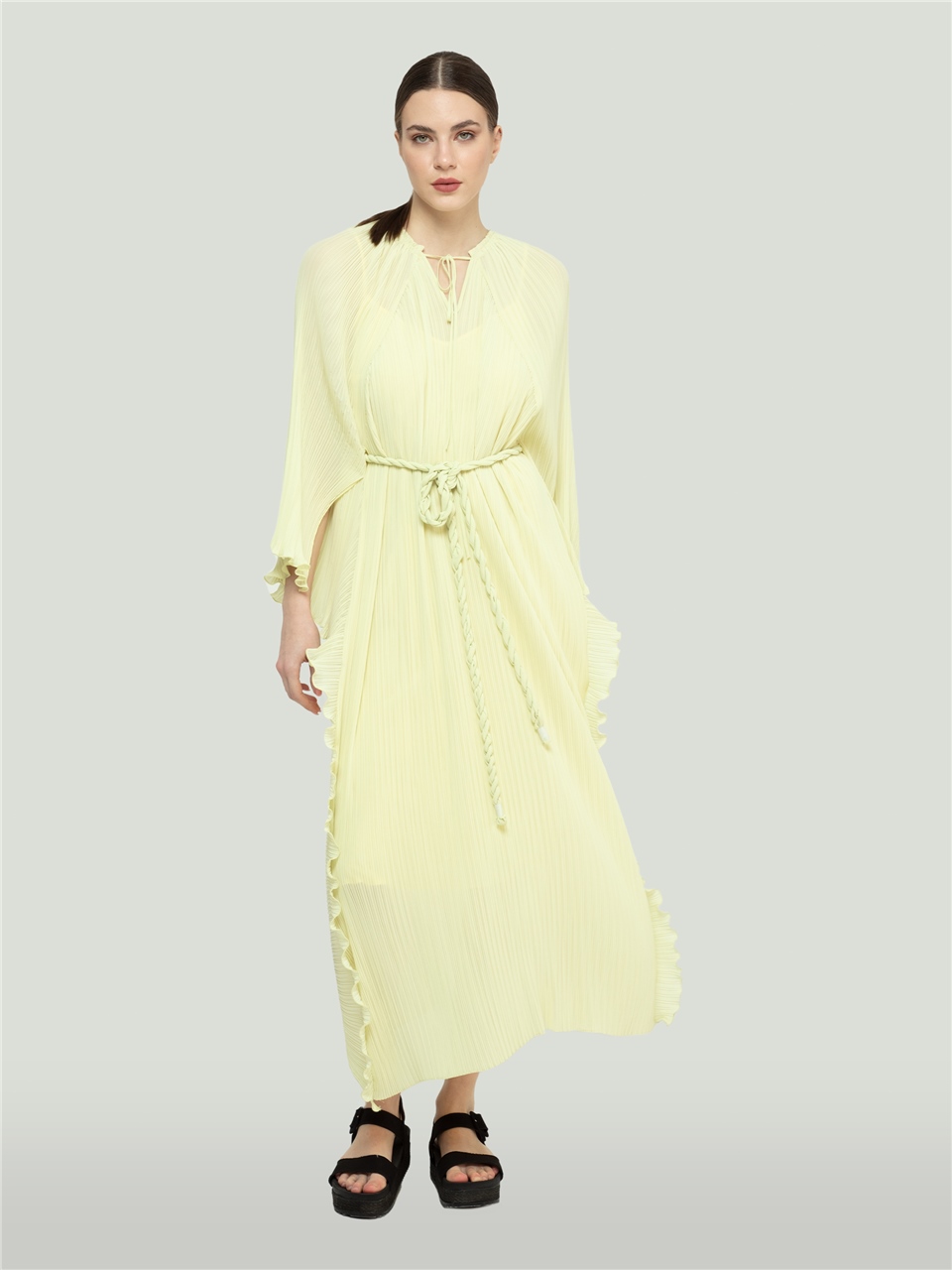 QS2245142-Piliseli Sarı Elbise-BAQA